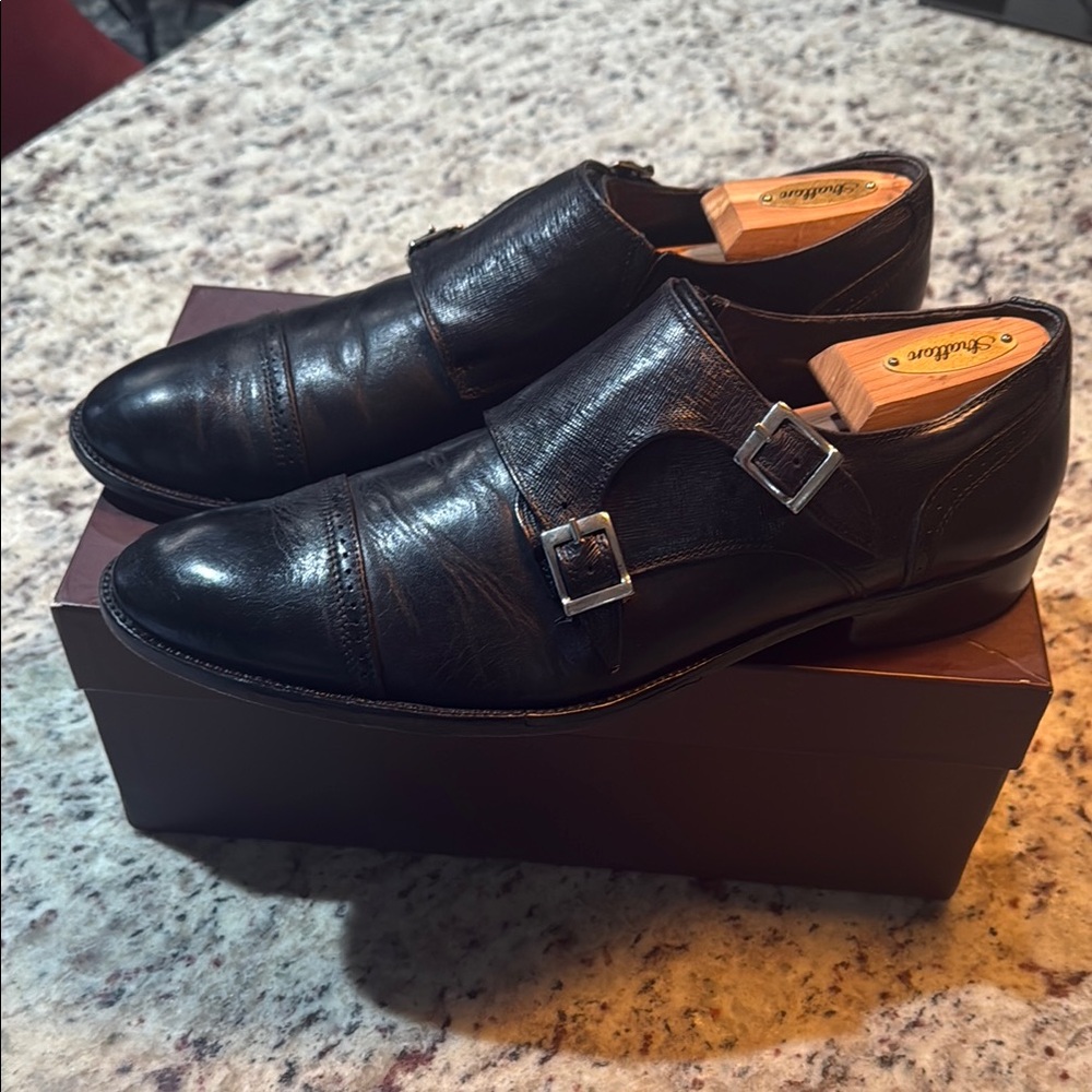 Thompson Black Leather Double Monk Strap Shoes